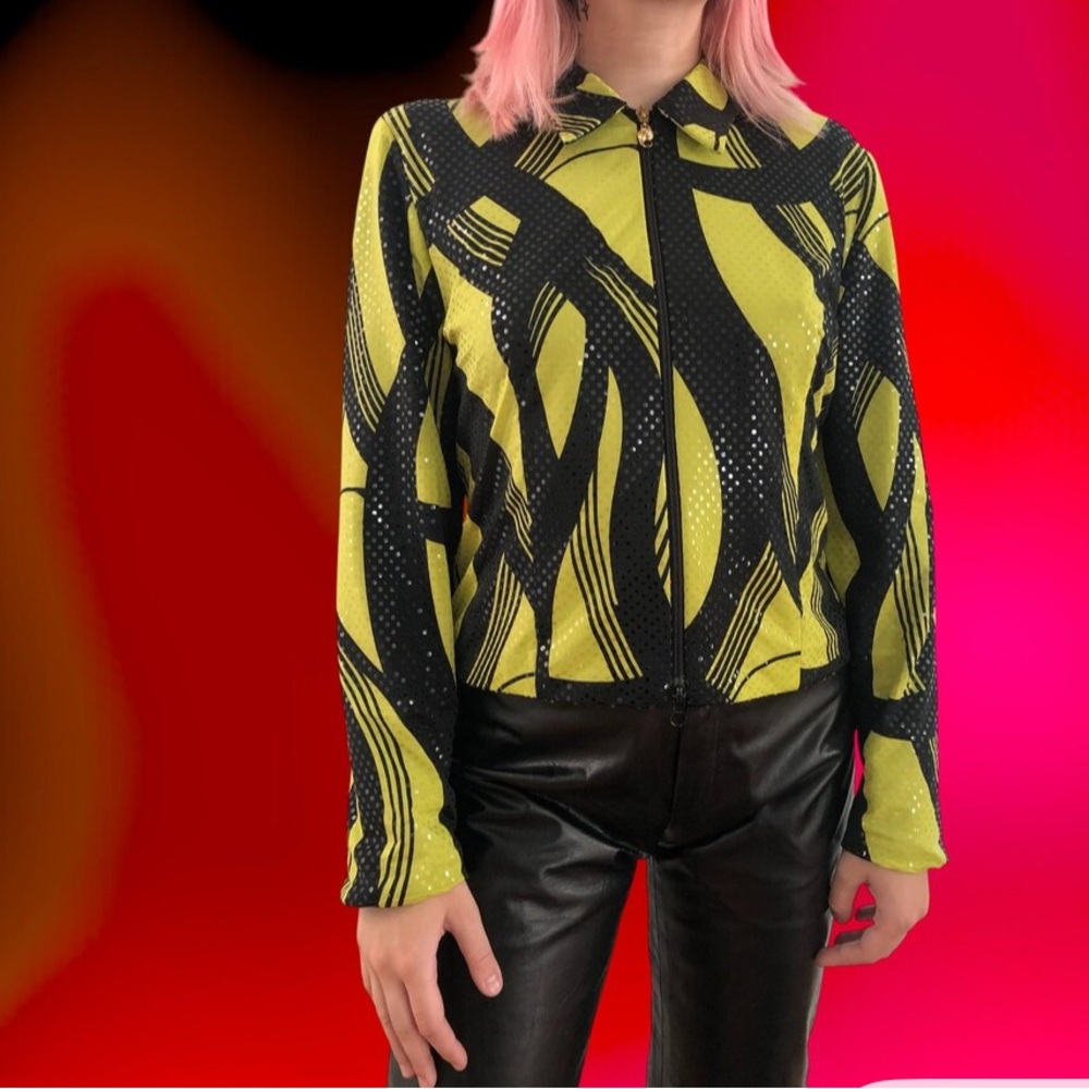 Joseph Ribkoff Black and Acid Yellow Zip Front Sequin L Jacket
